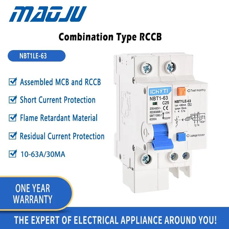 

30mA 6KA Earth Leakage Circuit Breaker 1P+N 2P 3P+N AC 230V 400V 63A 35mm Din Rail Residual Current Circuit Breaker RCCB RCD