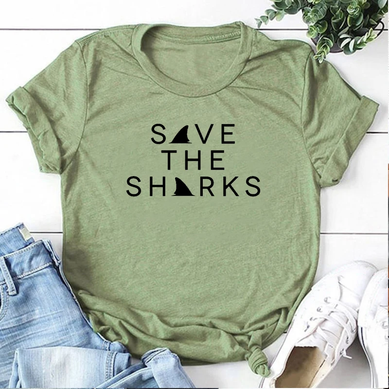 Женская уличная футболка с надписью Save The Sharks хипстерская коротким рукавом для