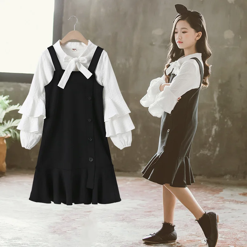 

Girls Clothing Suit Teen Fashion Children Autumn Long Sleeve Blouse+Straps Dress Set 2021 Spring Girls Clothes Kids 2PCS Suits