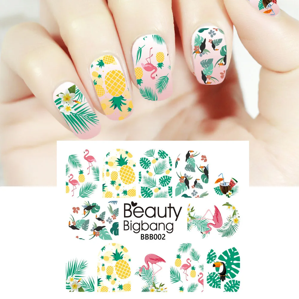 BeautyBigBang, 2 листа, водные наклейки для ногтей, дизайн, тропический фламинго, лист ананаса, украшение для ногтей, наклейки, водные кончики