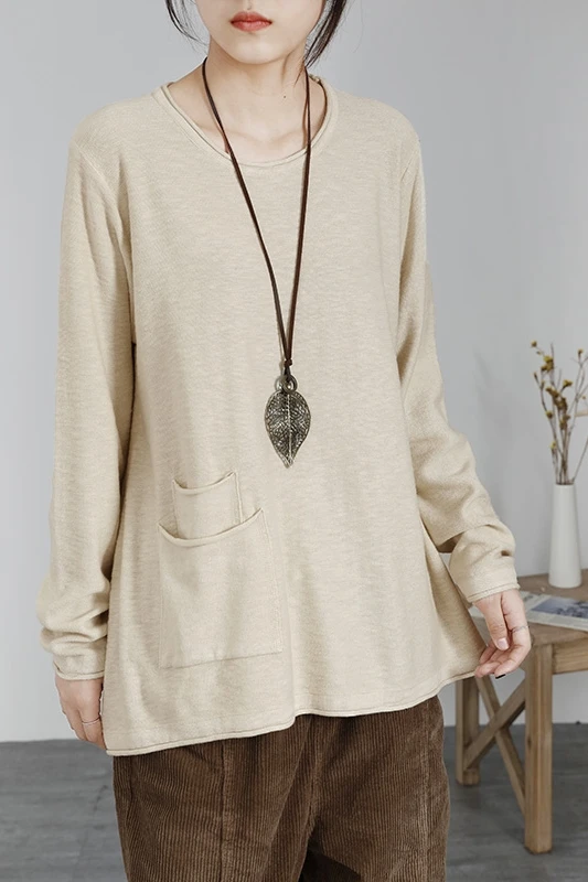 Thin Sweater Autumn Spring 2019 Women Loose Pocket O Neck Long Sleeve Big Size Basic Tops Fashion Pullovers YoYiKamomo | Женская одежда