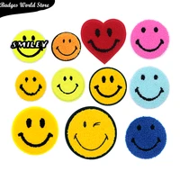 round yellow smile heart shaped chenille icon towel embroidery applique patches for clothing diy iron on badges on the backpack