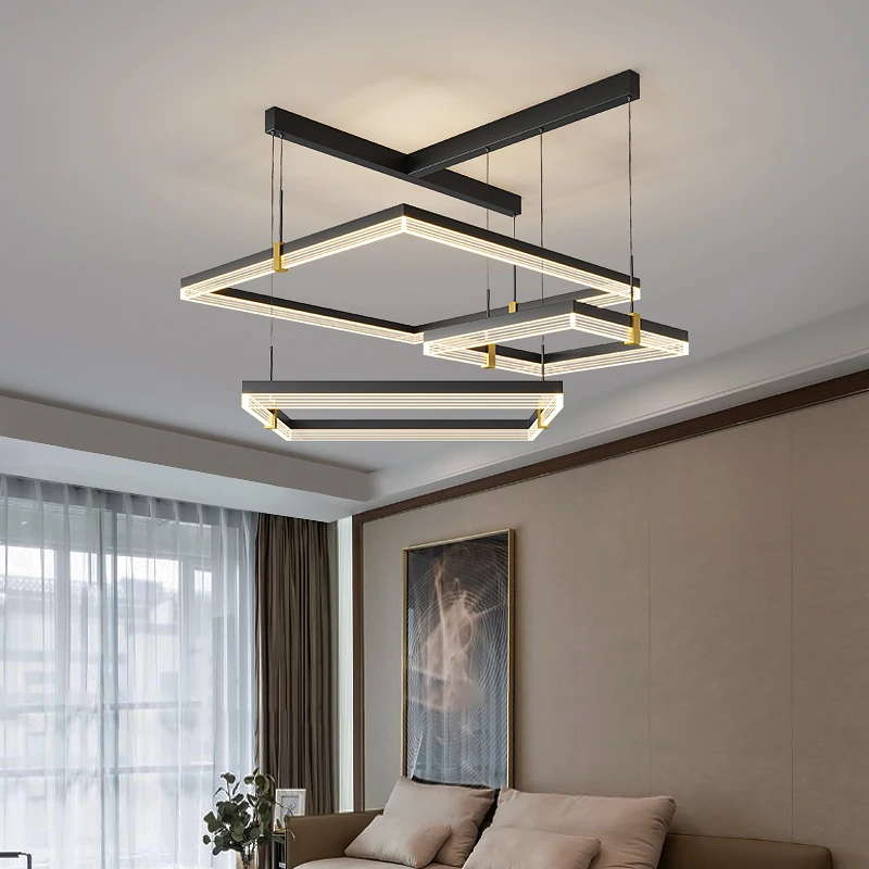 

Nordic Minimalist Living Room Chandelier New Simple Modern Geometric Square Atmospheric Light Luxury Main Lamp Fixtures Dimmable
