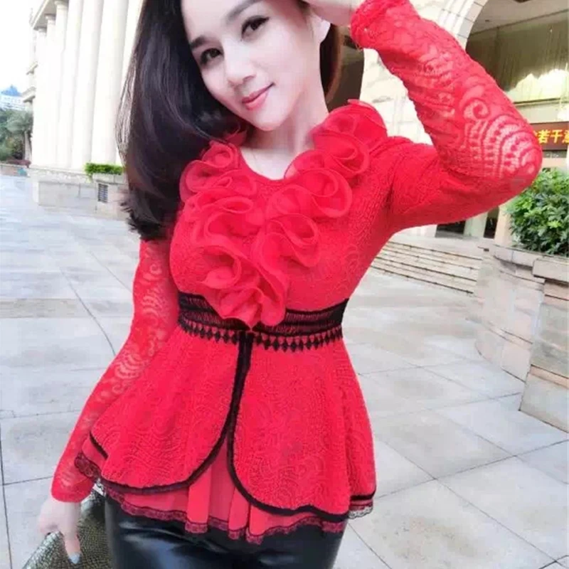 Новинка женская модная блузка на весну и осень милая кружевная рубашка с