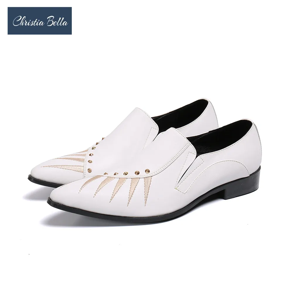 Christia Bella White Real Leather Mens Shoes Pointed Toe Rivets Party Man Dress Shoes Slip on Business Oxfords Leather Shoes