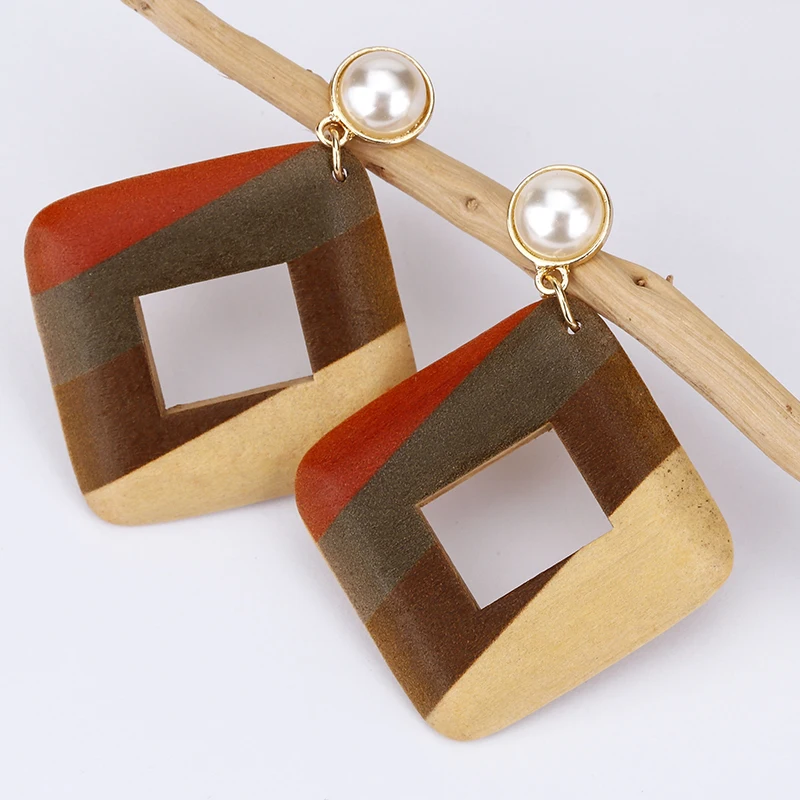 AMORCOME минималистский квадратные деревянные песочные часы серьги в виде капель