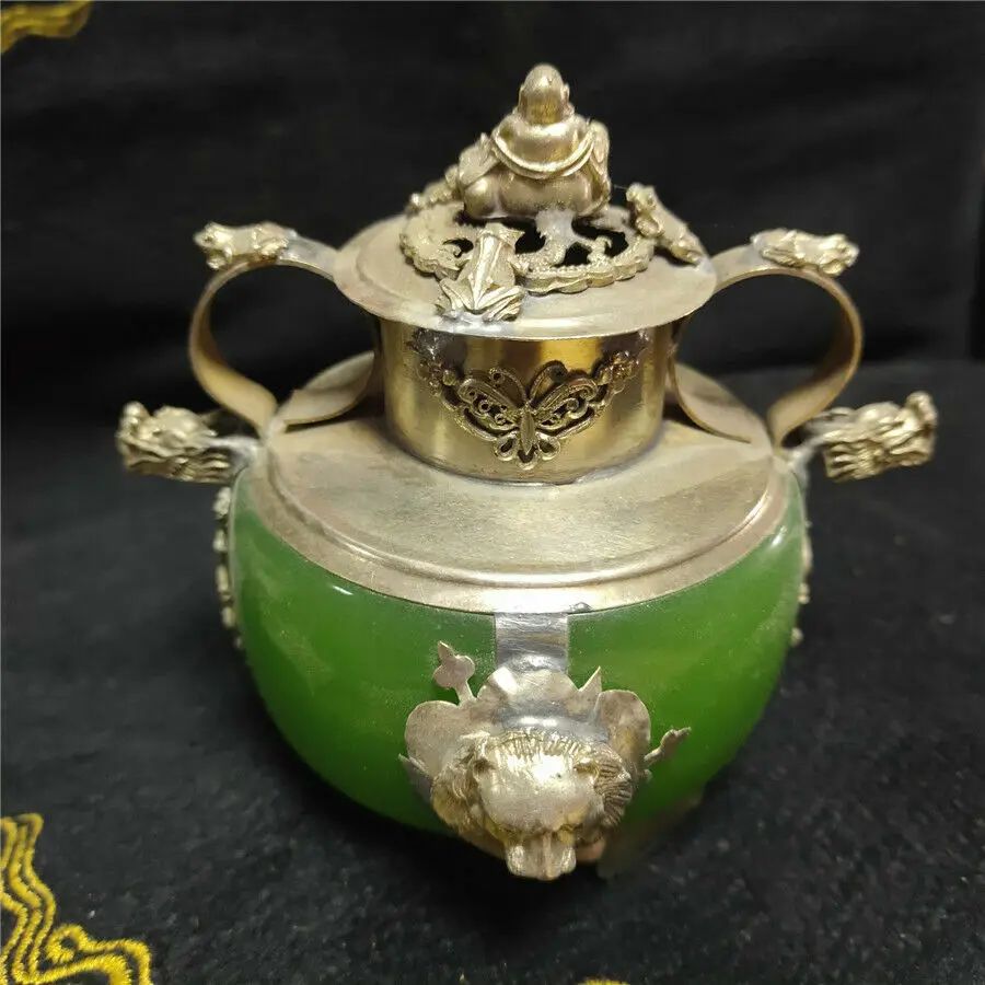 

Dragon Tiger Binaural Incense Burner Happy Buddha Bronze Inlaid Jade Incensory