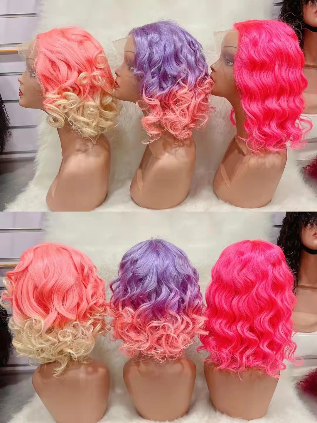 

Seditty hair Pink Colorful Lace Human Hair Wigs Short Bob Wigs 150% Brazilian Human Hair Wig purple Lace Frontal Wigs