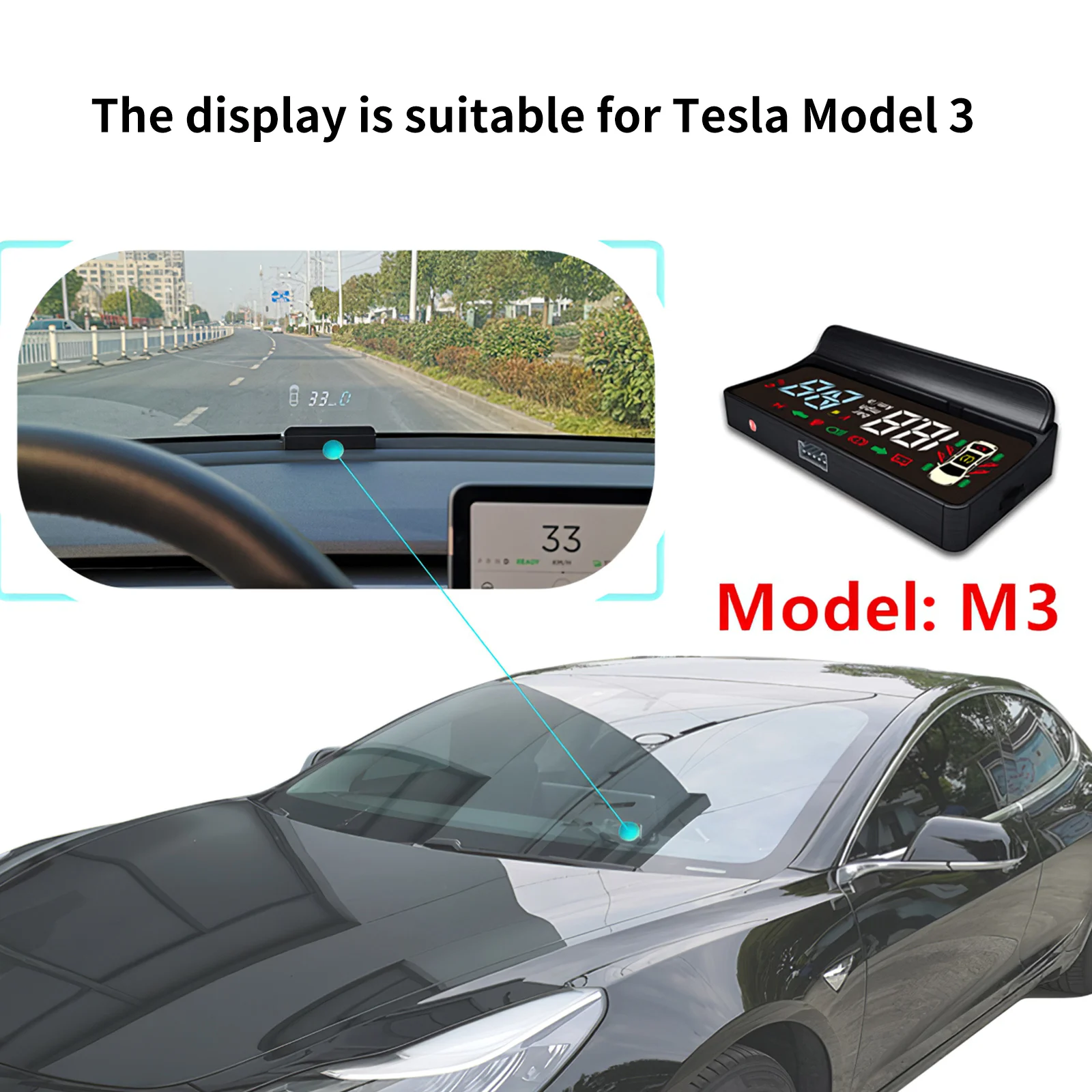 

HUD Head-Up Display Small Intelligent Multifunctional Windshield Speed Alarm Reminding Projector Durable for Tesla Model M3