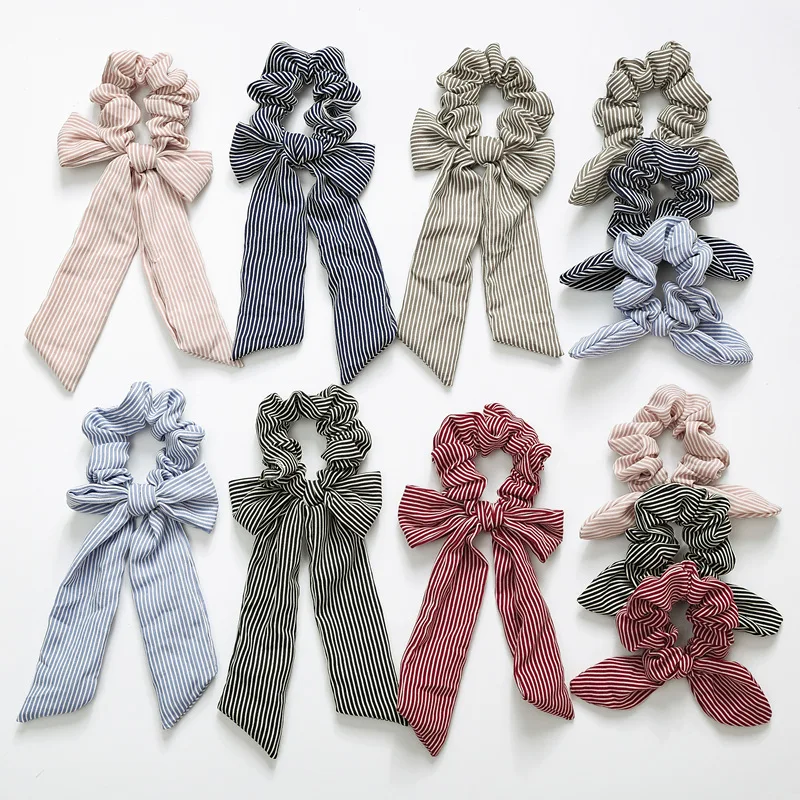 

2021 Women Chiffon Bowknot Silk Hair Scrunchies Striped Ponytail Holder Hair Tie Hair Rope Rubber Bands Headwear Hair Accessorie