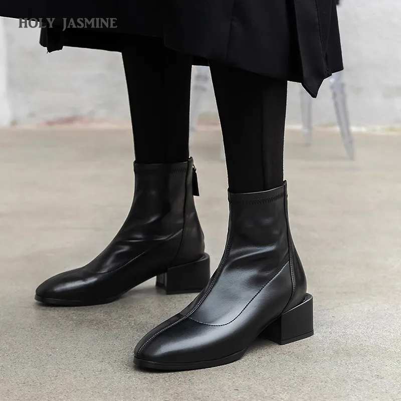 

Womens Boots New Spring/Autumn Microfiber Ankle Boots for Women Zipper Round Toe Square Heel Ladies Shoes High (5cm-8cm) Rubber