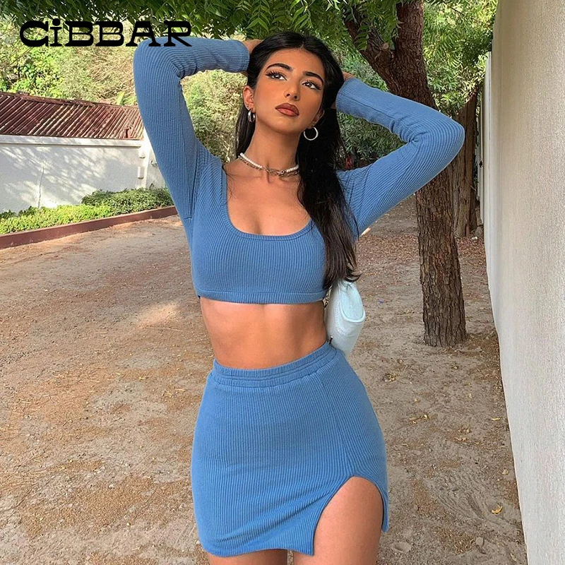 

CIBBAR Solid Elegant Ribbed Mini Skirt Set Women Autumn Casual Basic Hipster Sexy Bodycon Fashion Two Piece Sets Chic Streetwear
