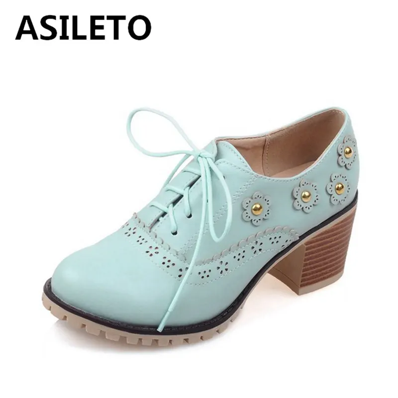 

ASILETO Chunky Heels Causal Shoes Brogue Lace up Pumps Cut out Flower Block Square Mid heels Carved Ladies Plus size 43 D580