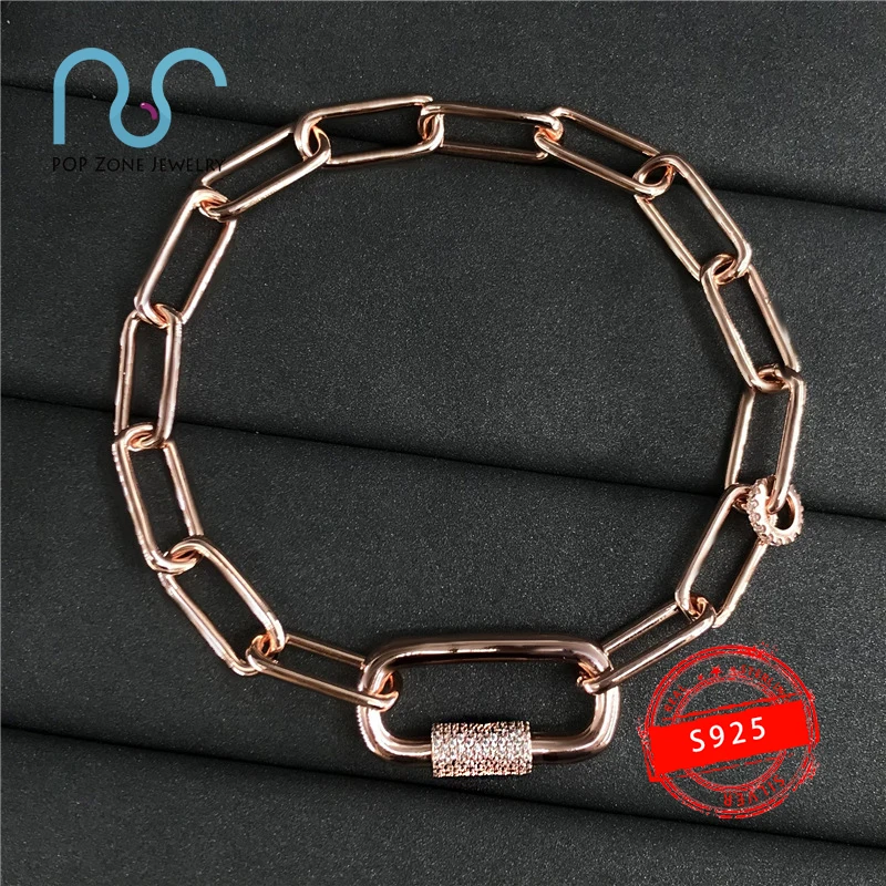 

popzone S925 Sterling Silver Bracelet Pink Gold Chain Bracelet Female Sliding Ring Simple Fashion Bohemian Style Jewelry Gift