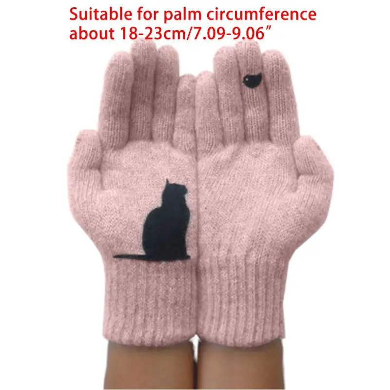 

Women Winter Faux Wool Thick Warm Knit Gloves Cartoon Cat Bird Patchwork Mittens PXPB