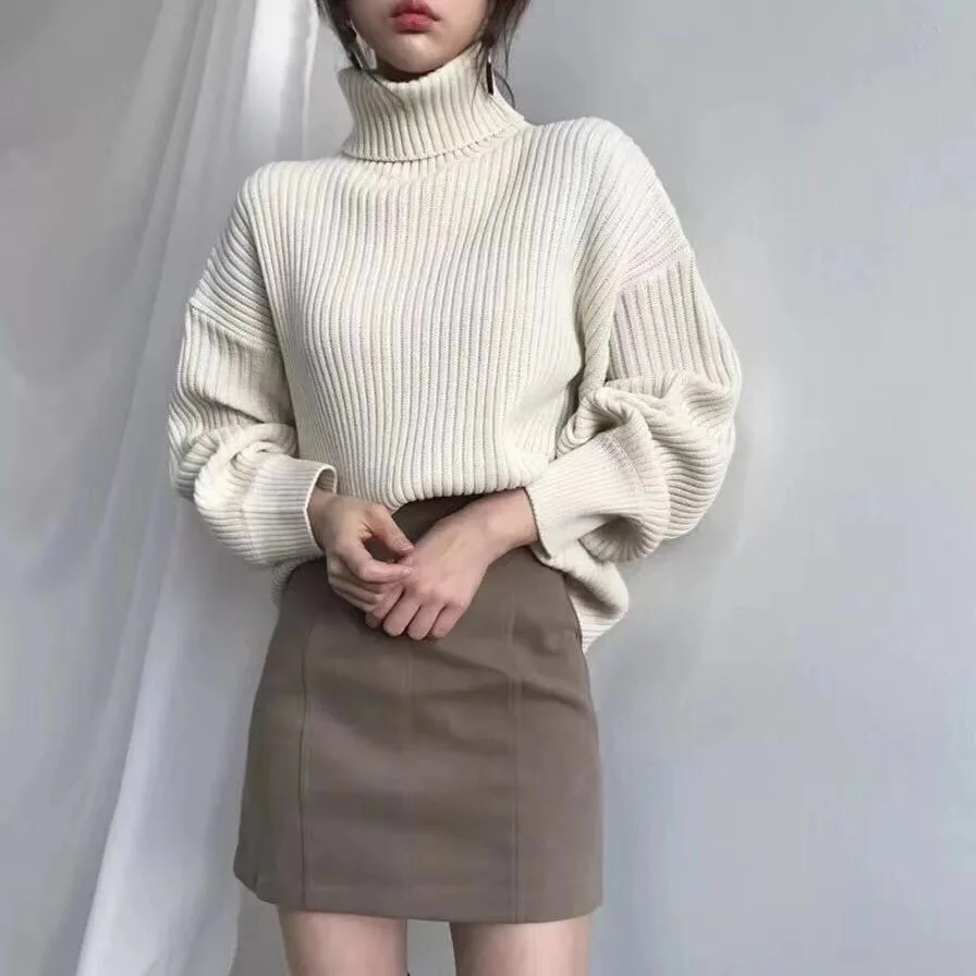 

Thick Warm Turtleneck Pullover Sweaters Women Autumn Winter Loose Bat Sleeve Solid Jumpers Female Knitwear