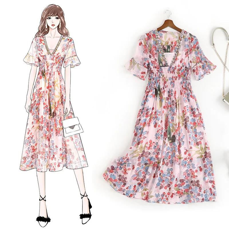 

Dresses Big Sizes High Waisted Party Dress Cover Show Thin, 2020 Women Summer New Style Floral Vestidos Clothes Vintage 11014