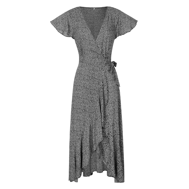 Женское платье с рукавом-бабочкой асимметричное пляжное в горошек V-образным