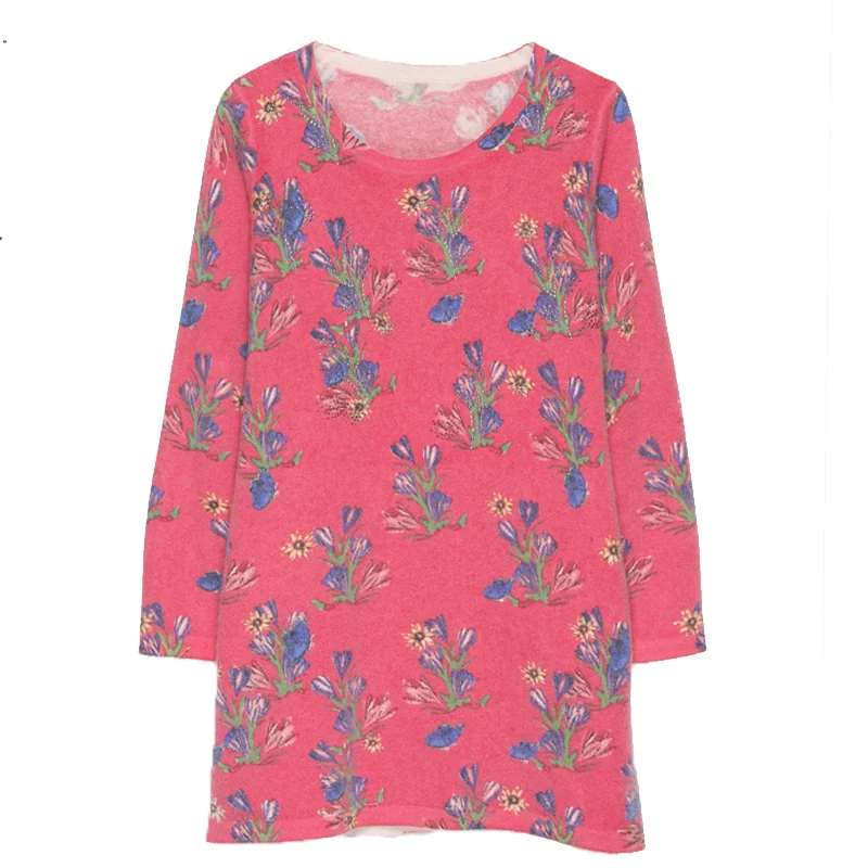 

YISU Knitted Sweater Dress Women Autumn Winter Causal Jumper Long Sleeve Loose Long Dress Flower print pattern Sweater Dress