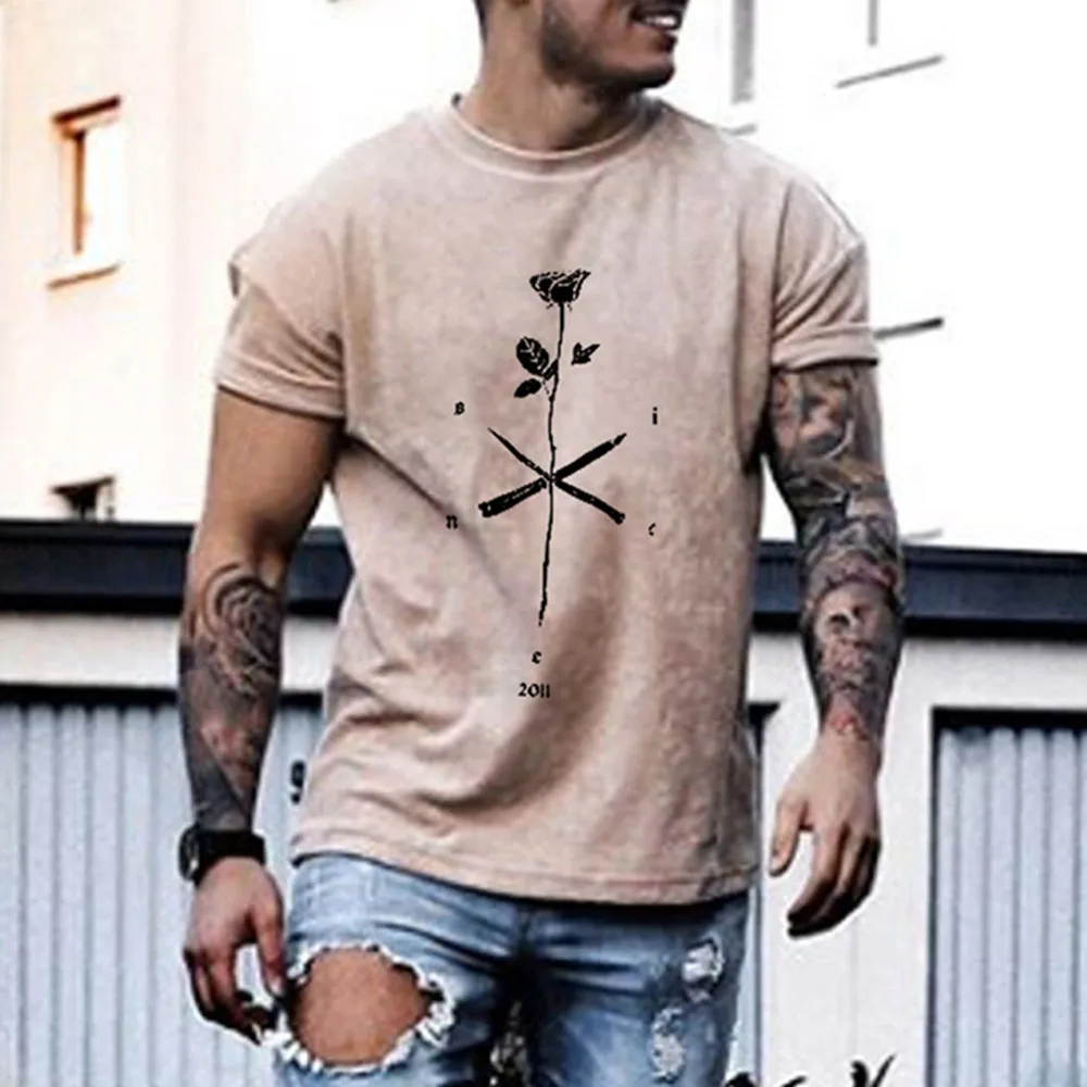 

2021 Summer T-shirt Fashion Brand Loose Casual Simple Hipster Thin Solid Color Rose Print Round Neck Summer