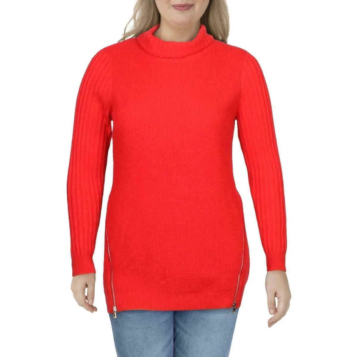 

Женская красная туника из хлопка с вафельным принтом, свитер с высоким воротником, рубашка XL