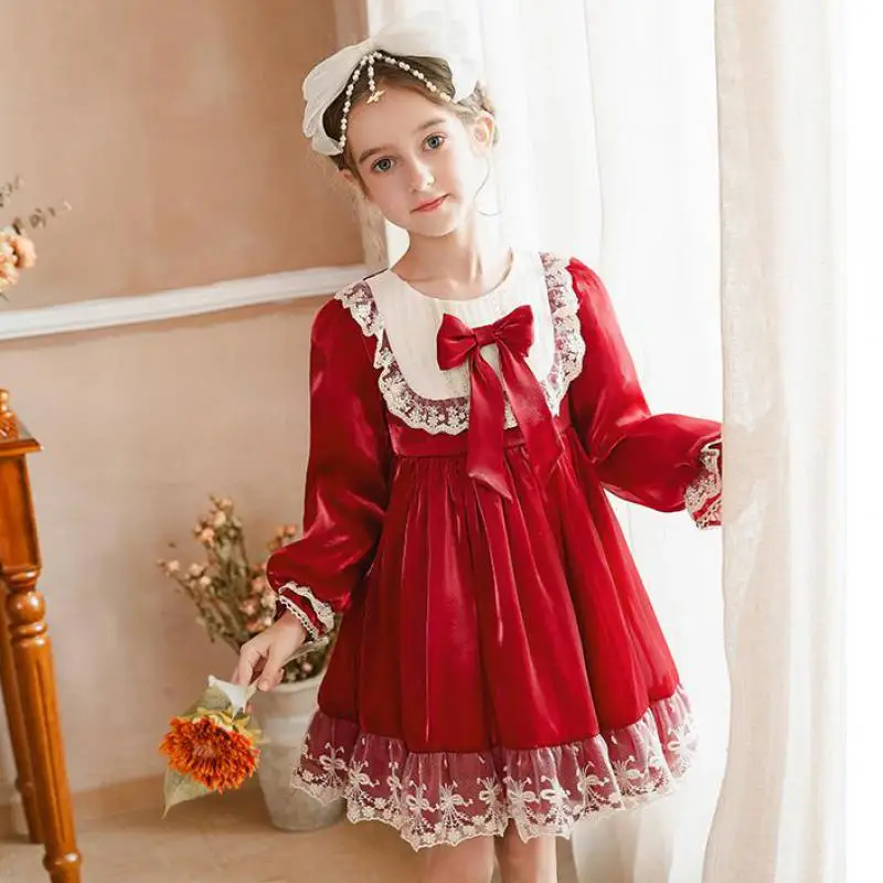 Autumn Spring Lolita Style Dress For Girls Fashion Bow Lace Loose Hem Ball Gowns Kids Children Birthday Party Dresses Clothes