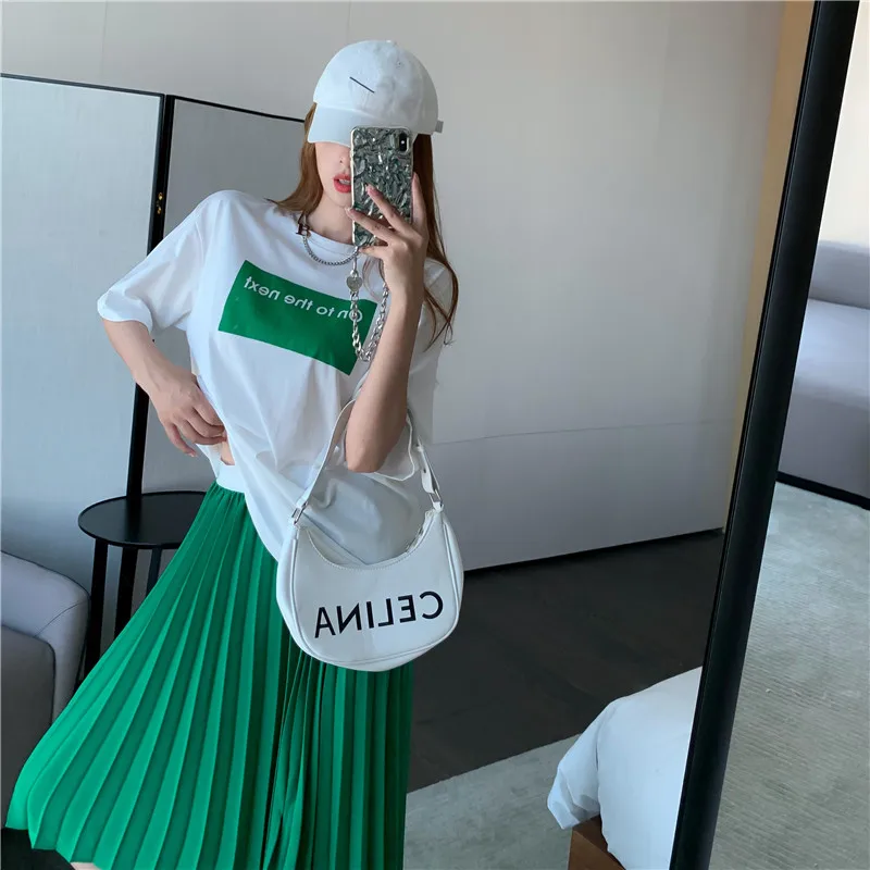 

Summer Women Two Piece Sets O Neck Letter Print T Shirt Top&Elastic Waist A Line Pleated Irregular Skirt Casual Suits