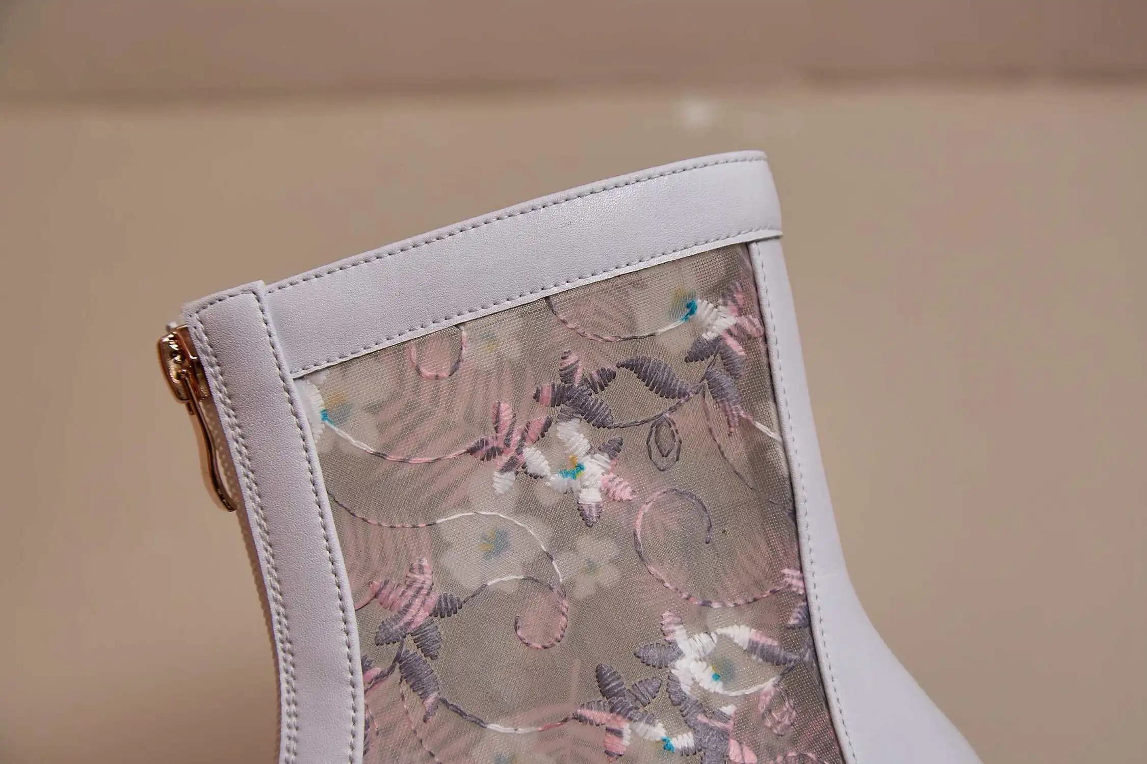 

Vichelo Hot new embroidery flowers decorations mixed cloth round toe high square heels zipper sweet girls maiden ankle boots L12