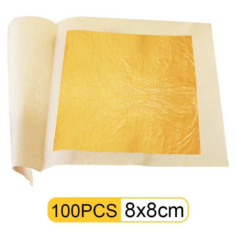 Hoja de oro comestible para decoración de tartas, papel dorado auténtico de 8x8cm, 24K, 100 unidades