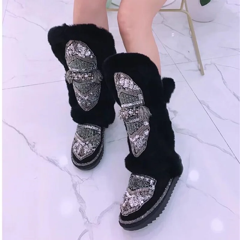 

European station fashion brand heavy industry sheepskin one exquisite hand-sewn beaded ladies high boots snow boots