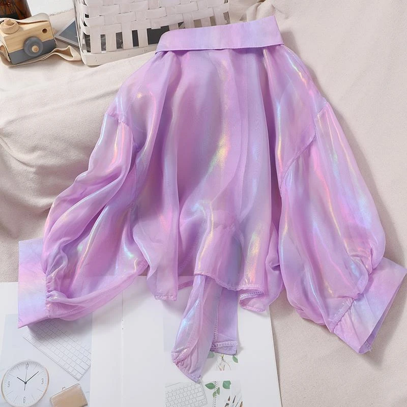 

Women Chiffon Blouse Turn Down Shirts With Buttons Half Sleeve Sparkles Shirts Fashion Transparent Sexy Blouses For Women Summer