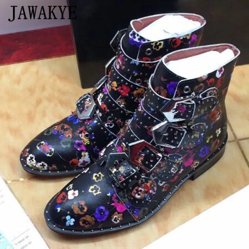 blue printed Ботильоны из натуральной кожи с заклепками; женские Ботинки martin с круглым носком и пряжкой на ремешке; женские модные мотоциклетные ботинки; Botas Mujer - Цвет: blue printed