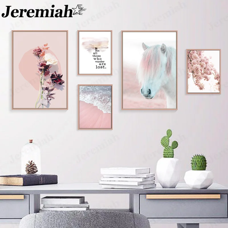 

Modern Pink Floral Canvas Poster Ocean Wave Letter Heart-Shaped Horse Painting Wall Art Nordic Home Room Decoration