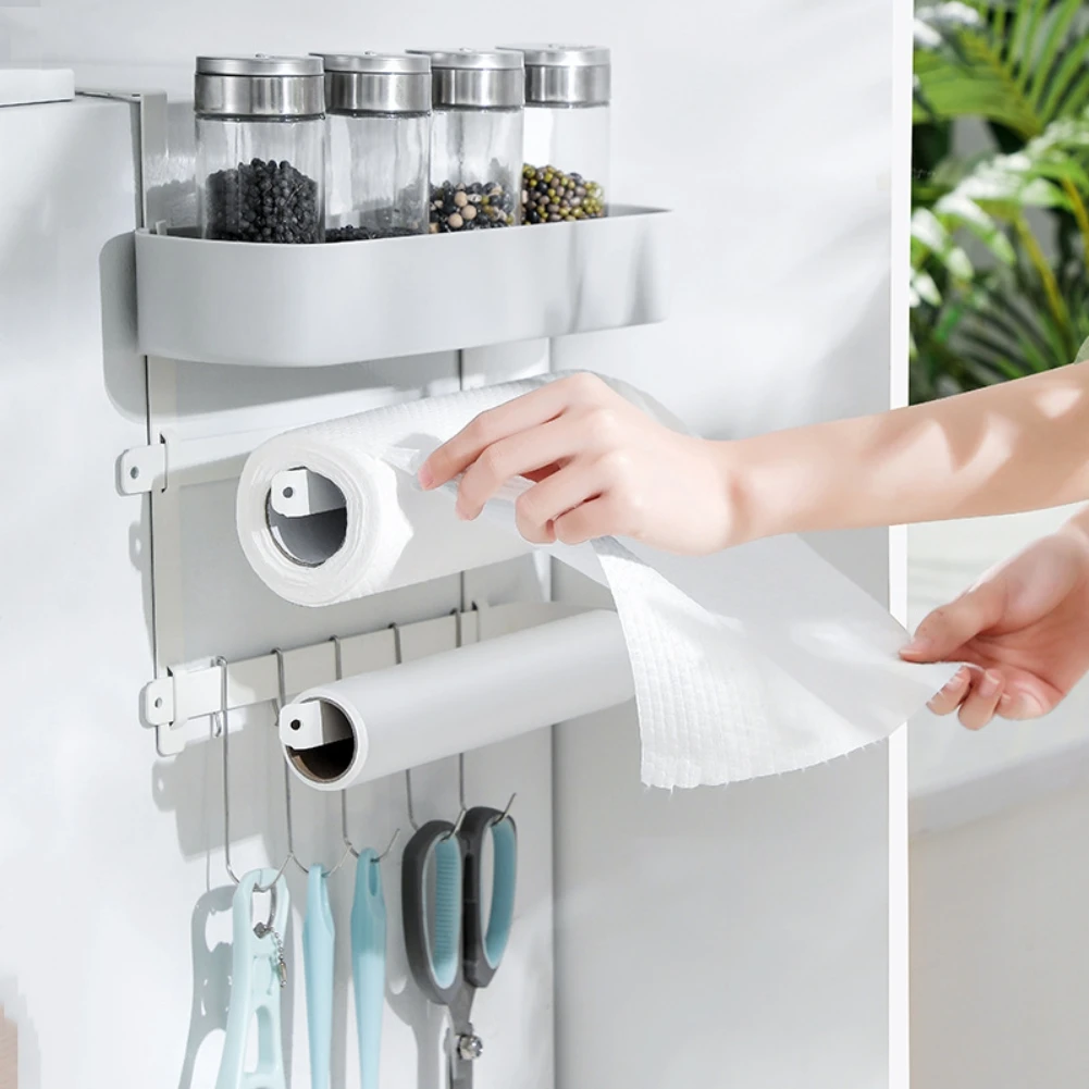 

Multi Functional Storage Rack Hanger Hooks Refrigerator Hanging Iron Shelf Roll Paper Towel Rack Storage Organizer 2021 New