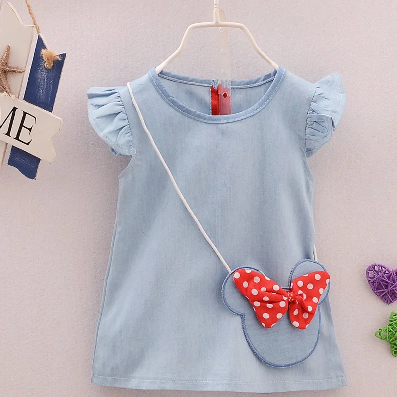

2pcs Baby Girls Dress Set Kids Petal Sleeve Blue Mini Vestidos Rabbit Pocket Shoulder Bag Outfits Sweet Heart Polka Dot Vestidos