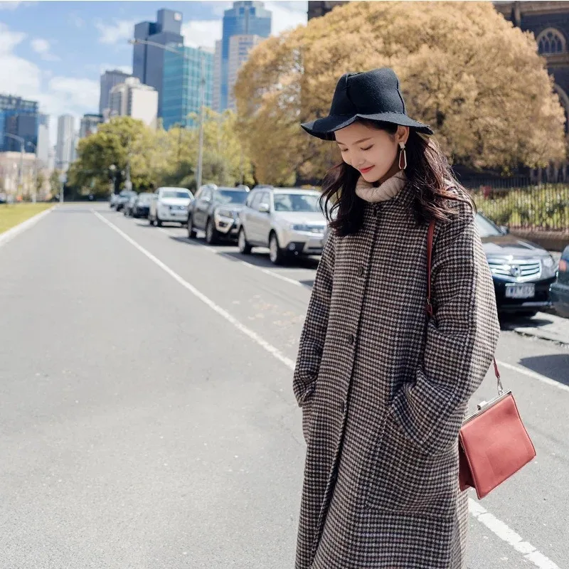 Женское шерстяное пальто с отложным воротником однобортный Тренч в клетку