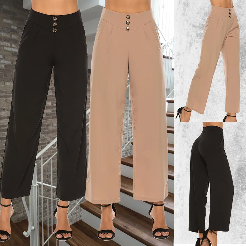 

Plus Size 2XL 2022 Summer New Hot Chiffon Women Wide Legs Pants Solid Casual High Waist Button Trousers Female Loose Pants