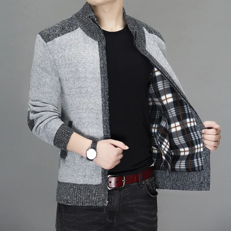 

2021 Men's Thermal Extra Thick with Fleece Zipper Sweater Youth Autumn and Winter New Cardigan Sweater