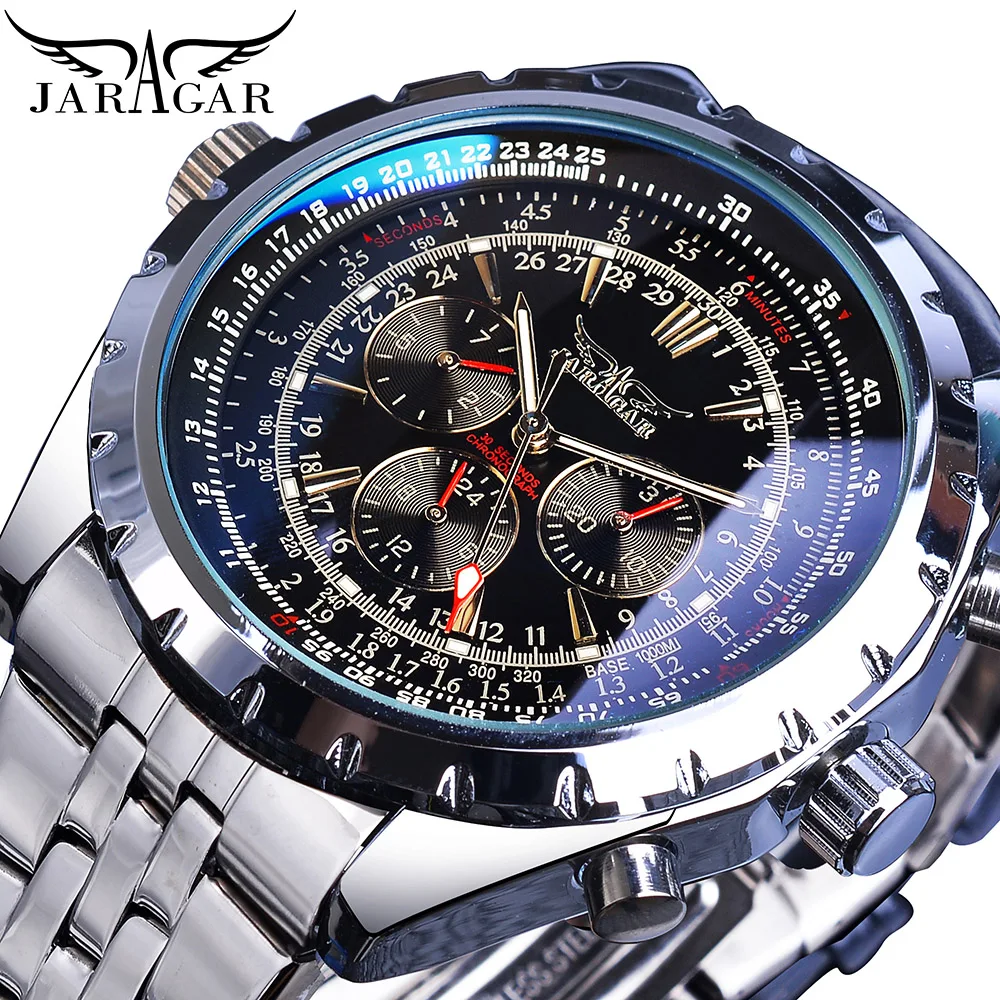 

Jaragar Blue Glass Men Automatic Watch Black Silver Stainless Steel Date Clock Luminous Hand Business Mechanical Wristwatch