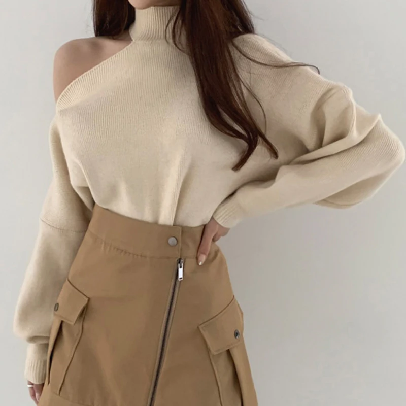 Женский вязаный пуловер с одним плечом свитер высоким воротником джемперы