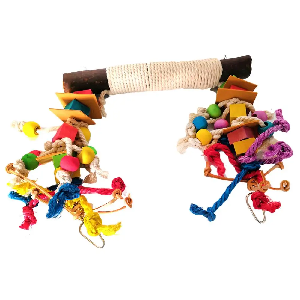 

Colorful Wood Building Block Cotton Rope Big Conure Swing Pet Bird Parrot Chew Toy Bird Perch Leather For Pet Birds