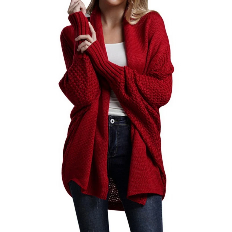 

Women Coat Autumn Winter Knit Cardigan Solid Color Bat Sleeve Fashion Coat