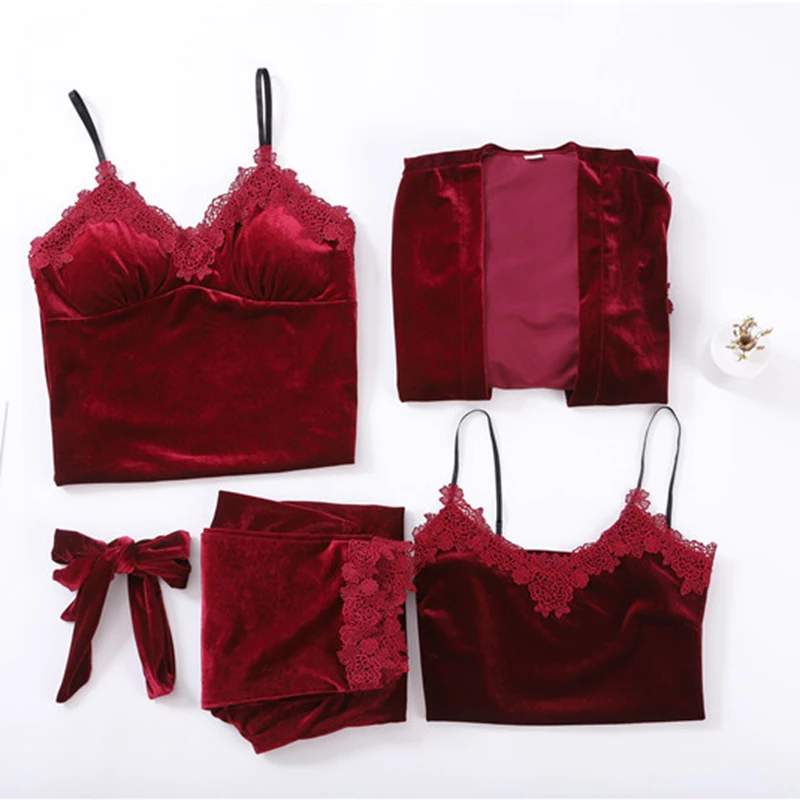 Женский бархатный пижамный комплект JULY'S SONG из 4 предметов на зиму кружевные