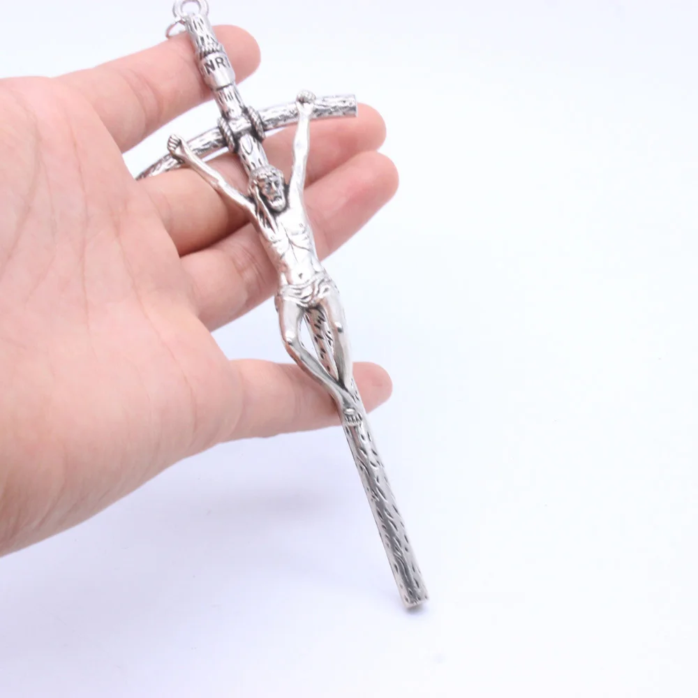 

14x5cm Crucifix Christian Jesus Wall Cross Antique Silver Polished Home Ornament for Church Office (Silver)