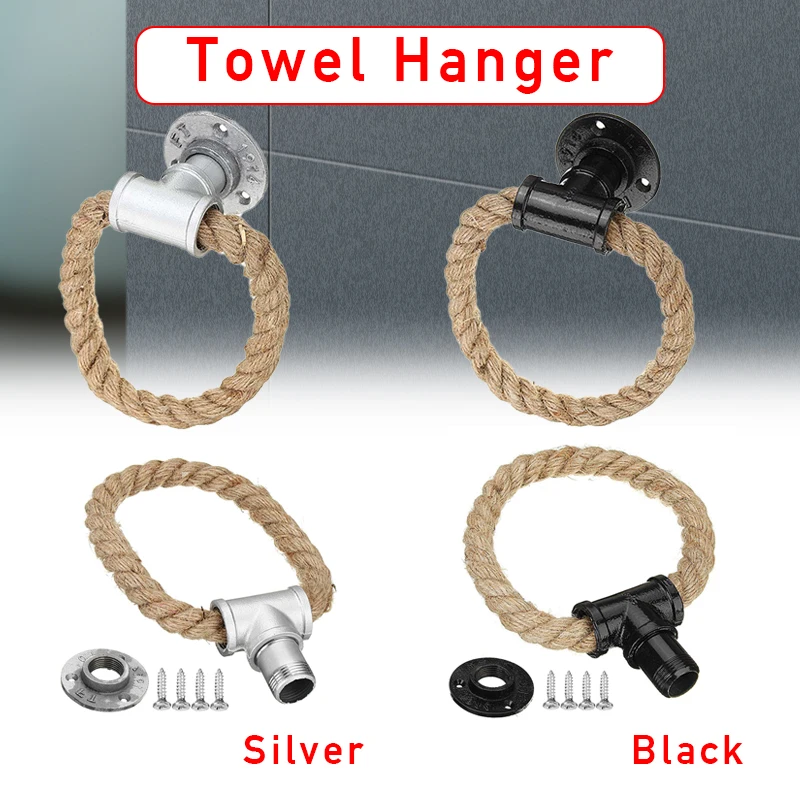 

Vintage Towel Rack Ring Industrial Style Wall Mount Towel Holder Iron Pipe Hemp Rope Bathroom Toilet Home Hotels Decoration