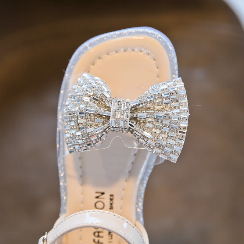 

Summer 2021 Kids Beathable Bow Black Rhinestone Princess Sandals for Girls Child Casual Shoes White Flats