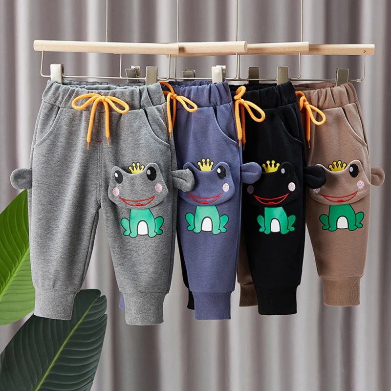

Autumn Spring Children's Pants Full Length Thickened Black Cotton Casual Trousers Cartoon Print Mid-waist Children Clothes
