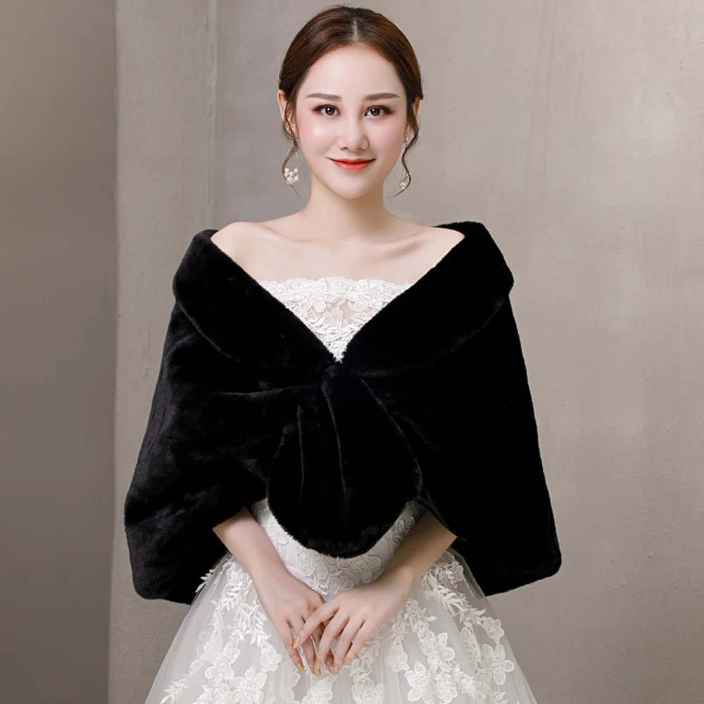 

Free Shipping Winter Sleeveless Bridal Wraps Warm Black Faux Fur Bridal Bolero Crop Faux Fur wedding Jacket