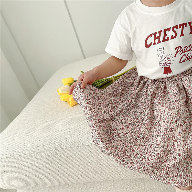 

2021 spring new children's skirts girls floral chiffon pleated skirt baby girl cloth