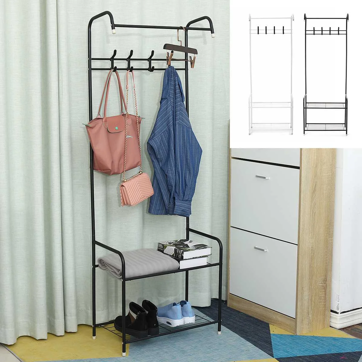 

3 in 1 Clothes Hanger Coat Rack Landing Clothing Holder Floor Standing Storage Shelf Modern Simple Style Bedroom Furniture